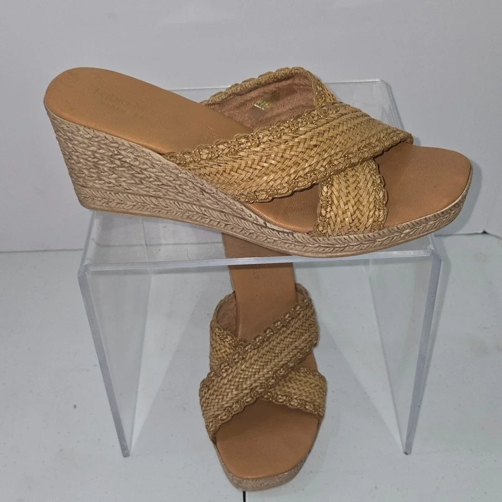 Fabio Maggeni Italy Woven Wedge Sandals Tan Espadrille Slides 9M 15764M